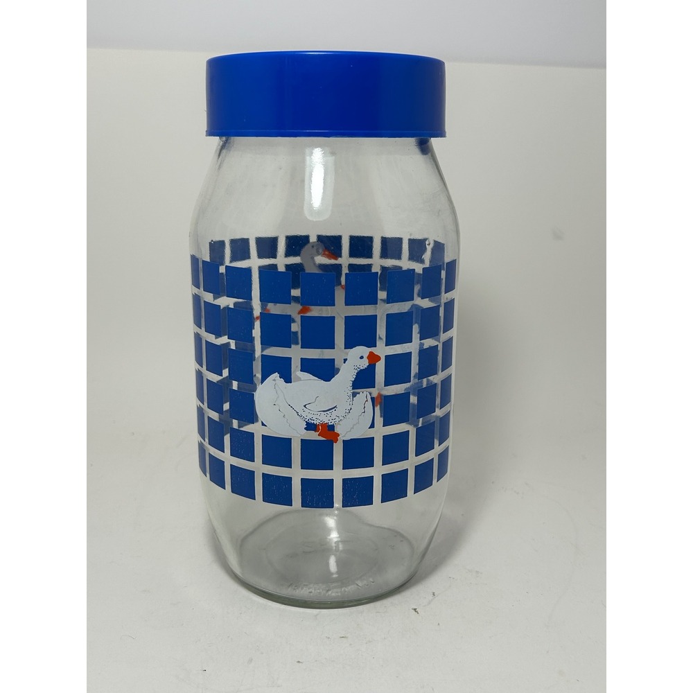Vintage Blue Grid White Goose‎ Glass Canister Jar with Blue Lid Retro Kitchen